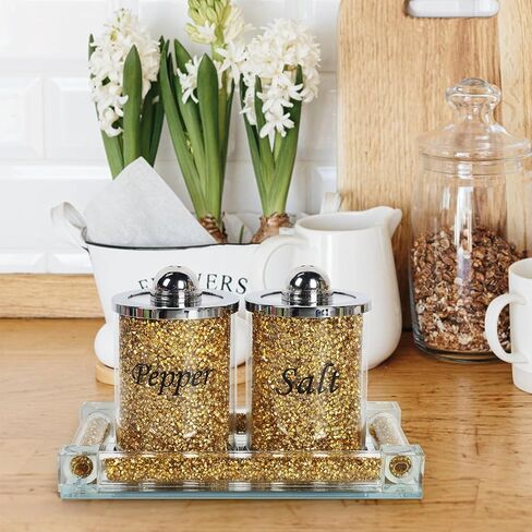 Salt and Pepper Shakers, Crystal Pink Kitchen Canister Set of 2 with Tray, Glass Spice Shaker for Home Decor, Fancy Decorative Crushed Diamond Jars for Gift (Gold) in Saudi Arabia
