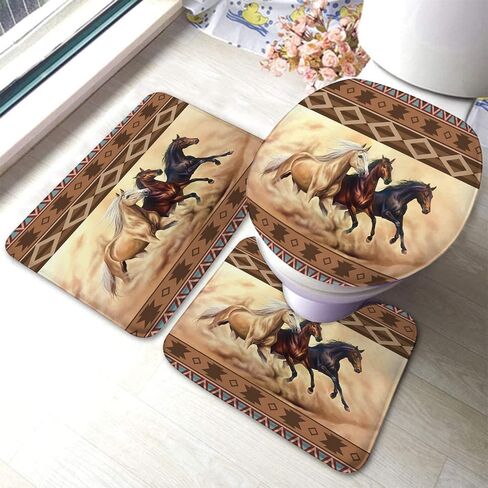 مجموعة سجاد الحمام مكونة من 3 قطع، طراز Azetc Boho العرقي على الطراز الغربي الحصان، مجموعة سجادات الحمام، سجادة كونتور المرحاض، غطاء غطاء الحصير الأرضية غير القابلة للانزلاق in Kuwait