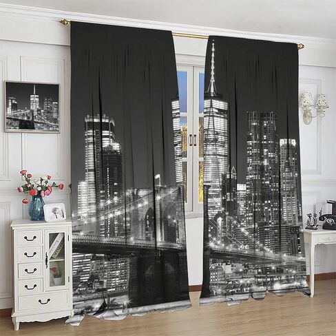 New York Curtains, Brooklyn Bridge and Lower Manhattan Skyline Living Room Bedroom Window Drapes 2 Panel Set, W42 x L45 Inch in Saudi Arabia
