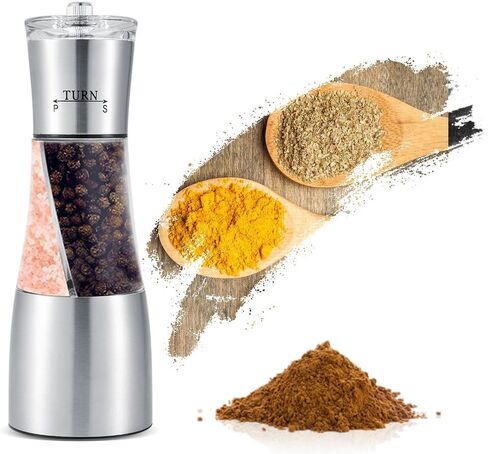 مطحنة فلفل مزدوجة من الفولاذ المقاوم للصدأ 2 في 1 مطحنة ملح وفلفل للمطبخ مطحنة زجاجية للجسم هزازات مطحنة فلفل دوار سيراميك قابل للتعديل in Kuwait