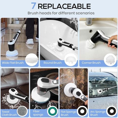 فرشاة تنظيف كهربائية تدور، فرشاة تنظيف لاسلكية مع وظيفة الرش، فرشاة تنظيف الدش مع 7 رؤوس فرشاة بقوة 2 ساعة، مقبض تمديد قابل للتعديل، مقاومة للماء IPX8 لسيارة أرضية بلاط الحوض in Kuwait
