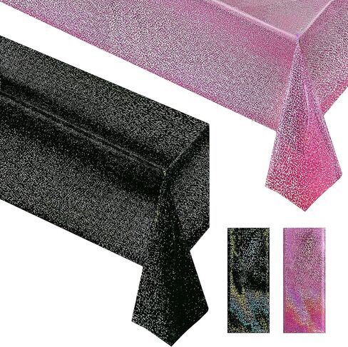 2 pcs Pink & Black Holographic Laser Tablecloth 40" x 108" Party Table Cloth Shimmer Shining Plastic Metallic Table Cover for Pink Halloween Decor Girls Baby Shower Birthday Party Supplies in Saudi Arabia