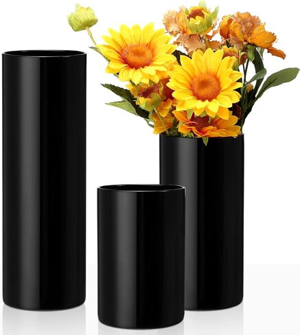 مزهريات زجاجية أسطوانية سوداء مزهرية زهور زجاجية (الارتفاع: 6 بوصة 8 بوصة 12 بوصة؛ العمق: 4 بوصة) مزهرية زجاجية طويلة على شكل إعصار عائمة حامل شموع حديث للمنزل وحفلات الزفاف الرسمية وحفلات العشاء المركزية (3 قطع) in Kuwait