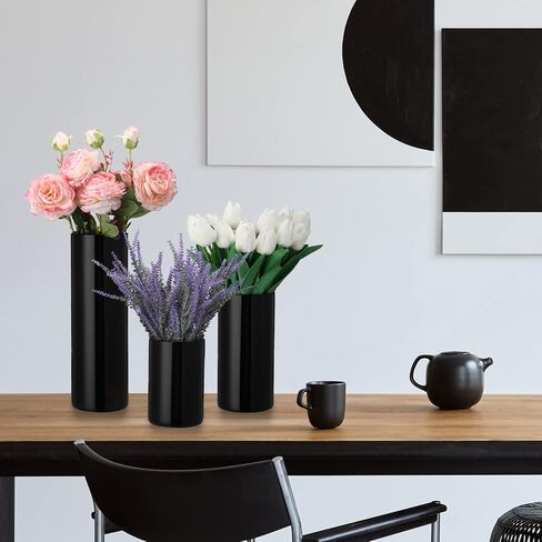 مزهريات زجاجية أسطوانية سوداء مزهرية زهور زجاجية (الارتفاع: 6 بوصة 8 بوصة 12 بوصة؛ العمق: 4 بوصة) مزهرية زجاجية طويلة على شكل إعصار عائمة حامل شموع حديث للمنزل وحفلات الزفاف الرسمية وحفلات العشاء المركزية (3 قطع) in Kuwait