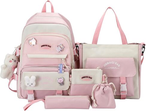 5Pcs Kawaii Anime Canvas School Backpack Combo Set with Pins Cute Bear Pendant Aesthetic Daypack School Essential Kit in Saudi Arabia