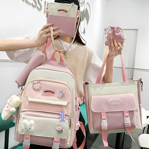 5Pcs Kawaii Anime Canvas School Backpack Combo Set with Pins Cute Bear Pendant Aesthetic Daypack School Essential Kit in Saudi Arabia
