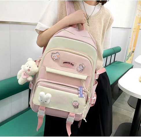 5Pcs Kawaii Anime Canvas School Backpack Combo Set with Pins Cute Bear Pendant Aesthetic Daypack School Essential Kit in Saudi Arabia