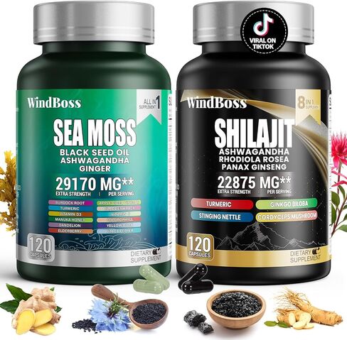 WindBoss.حزمة طحالب البحر والشيلاجيت - 120 قطعة - طحالب البحر 7000 مجم، زيت الحبة السوداء 4000 مجم، أشواغاندا 2000 مجم، الزنجبيل والشيلاجيت 9000 مجم، الرهوديولا الوردية 1000 مجم، الكل في 1 مكملات غذائية (عبوة واحدة) in Saudi Arabia