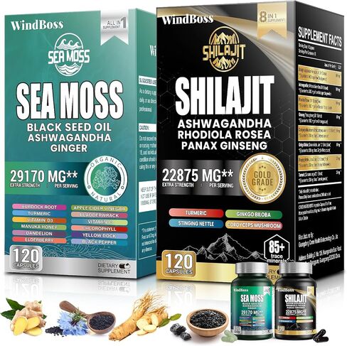 WindBoss.Sea Moss and shilajit Bundle - 120 Count - Seamoss 7000mg, Black Seed Oil 4000mg, Ashwagandha 2000mg, Ginger & Shilajit 9000mg, Rhodiola Rosea 1000mg, All in 1 Supplements (1 Pack) in Saudi Arabia
