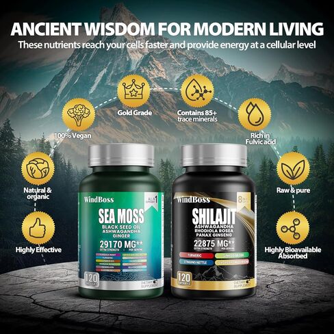 WindBoss.Sea Moss and shilajit Bundle - 120 Count - Seamoss 7000mg, Black Seed Oil 4000mg, Ashwagandha 2000mg, Ginger & Shilajit 9000mg, Rhodiola Rosea 1000mg, All in 1 Supplements (1 Pack) in Saudi Arabia