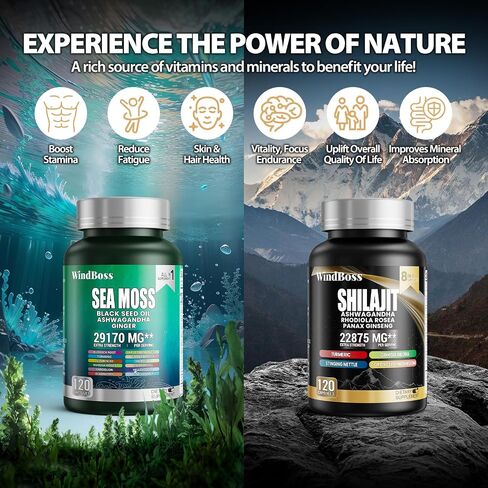 WindBoss.Sea Moss and shilajit Bundle - 120 Count - Seamoss 7000mg, Black Seed Oil 4000mg, Ashwagandha 2000mg, Ginger & Shilajit 9000mg, Rhodiola Rosea 1000mg, All in 1 Supplements (1 Pack) in Saudi Arabia