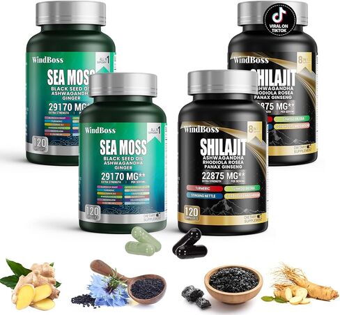 WindBoss.Sea Moss and shilajit Bundle - 120 Count - Seamoss 7000mg, Black Seed Oil 4000mg, Ashwagandha 2000mg, Ginger & Shilajit 9000mg, Rhodiola Rosea 1000mg, All in 1 Supplements (1 Pack) in Saudi Arabia
