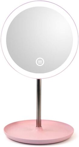 AFULILI LED Lighted Makeup Mirror with 3 Color Lighting Dimmable Touch Screen Ewelry Storage Desktop Lighting Mirror Bedroom Mirror 360° Adjustment (Flat, Pink) in Saudi Arabia