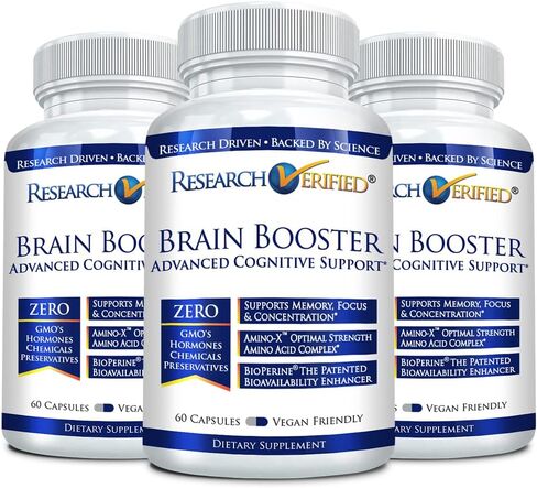Brain Booster - Nootropic Supplement to Enhance Cognitive Function - 180 Vegan Friendly Capsules - 3 Bottles in Kuwait