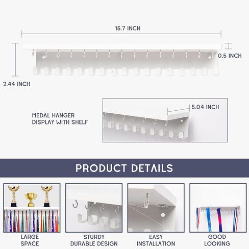Defined Deco Medal Hanger Display and Trophy Shelf with 32 Hooks-Wooden Medal Holder for Wall Mount Ribbon Display-Trophy Display Shelf for Gymnastics, Soccer, Running Race Medals Awards Rack. in Saudi Arabia