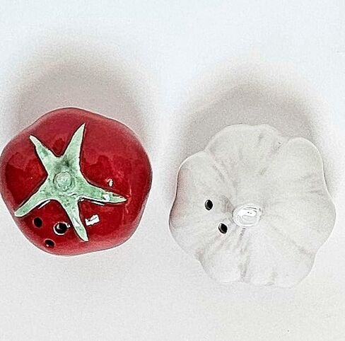 Tomato & Garlic Salt & Pepper Shaker Set, 2 inches by 2 inches by 2.25 inches., Mini, Red, White in Saudi Arabia