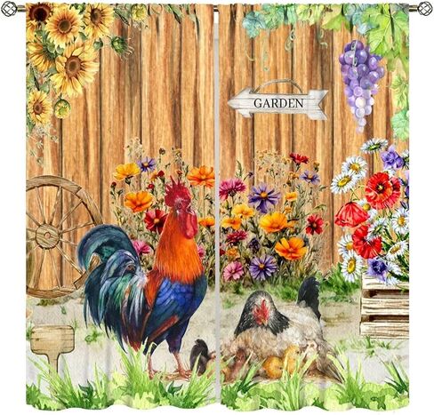 Rooster Curtains Rustic Farm Sunflower Chicken Pattern Window Treatments for Bedroom Living Room Kitchen Watercolor Painting Décor Drapes 2 Panel Sets Total Size 42" x 45" in Saudi Arabia