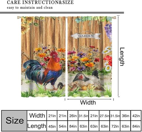 Rooster Curtains Rustic Farm Sunflower Chicken Pattern Window Treatments for Bedroom Living Room Kitchen Watercolor Painting Décor Drapes 2 Panel Sets Total Size 42" x 45" in Saudi Arabia