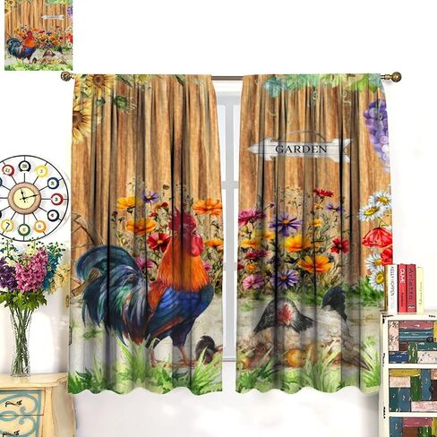 Rooster Curtains Rustic Farm Sunflower Chicken Pattern Window Treatments for Bedroom Living Room Kitchen Watercolor Painting Décor Drapes 2 Panel Sets Total Size 42" x 45" in Saudi Arabia