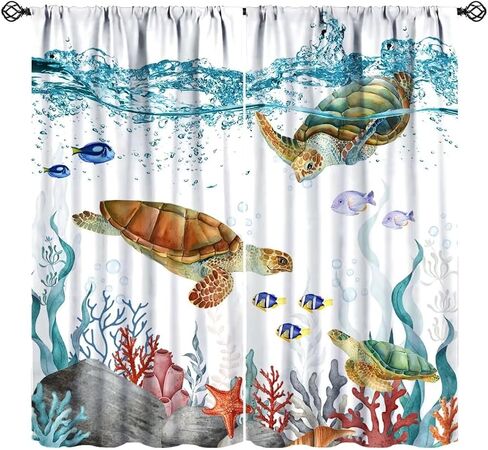 Sea Turtle Curtains, Teal Blue Ocean Underwater Animal Starfish Fish Nautical Coastal Theme Window Treatments for Living Room Bedroom 42x45 Inch in Kuwait