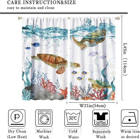 Sea Turtle Curtains, Teal Blue Ocean Underwater Animal Starfish Fish Nautical Coastal Theme Window Treatments for Living Room Bedroom 42x45 Inch in Kuwait
