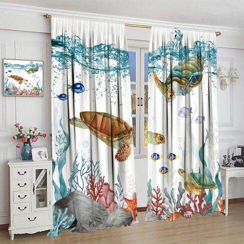 Sea Turtle Curtains, Teal Blue Ocean Underwater Animal Starfish Fish Nautical Coastal Theme Window Treatments for Living Room Bedroom 42x45 Inch in Kuwait