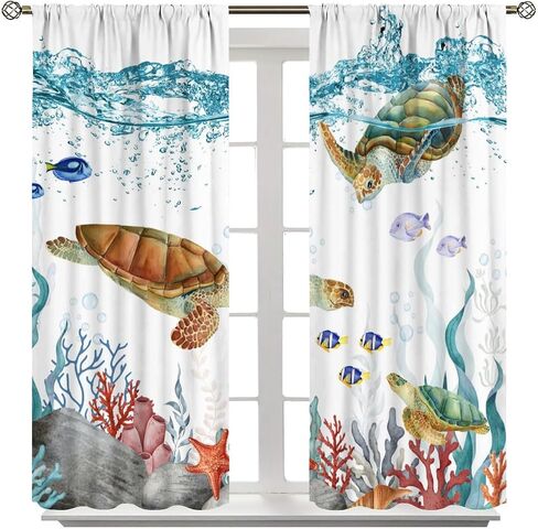 Sea Turtle Curtains, Teal Blue Ocean Underwater Animal Starfish Fish Nautical Coastal Theme Window Treatments for Living Room Bedroom 42x45 Inch in Kuwait