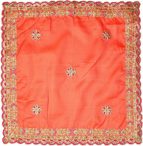 Medium Pooja Cloth Mat Aasan Orange Artificial Silk Aasan Decorative Cloth with Sequence Work(Size:-19 InchesX19 Inches) Multipurpose Pooja Indian Traditional Festival Decoration Item & Article in Saudi Arabia
