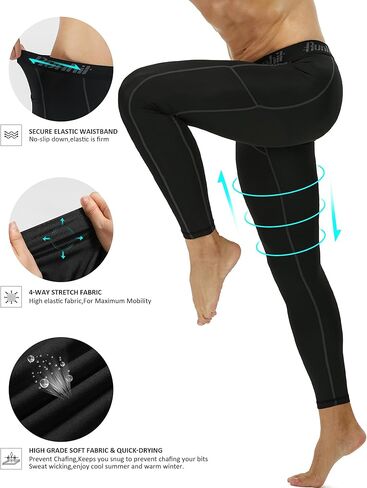 Runhit Mens Compression Pants Running Tights Pockets Sports Leggings Spandex Workout Cycling Athletic Thermal in Kuwait