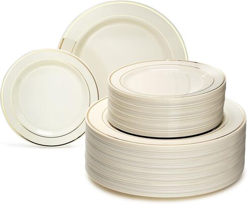 OCCASIONS 240 Plates Pack,(120 Guests) Heavyweight Premium Wedding Party Disposable Plastic Plates Set -120 x 10.5'' Dinner + 120 x 7.5'' Salad/Dessert (Ivory & Gold Rim) in Saudi Arabia