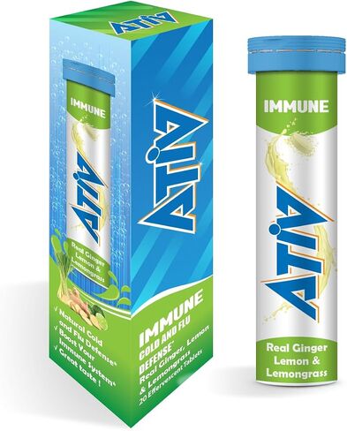 ATIV Immune, 20 Effervescent Tablets with Vitamins C, D, Magnesium, Zinc & Selenium, Ginger Lemongrass Flavor, by JBA in Saudi Arabia