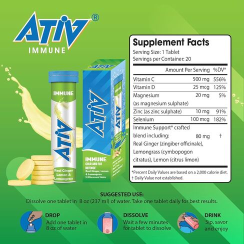 ATIV Immune, 20 Effervescent Tablets with Vitamins C, D, Magnesium, Zinc & Selenium, Ginger Lemongrass Flavor, by JBA in Saudi Arabia