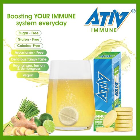ATIV Immune, 20 Effervescent Tablets with Vitamins C, D, Magnesium, Zinc & Selenium, Ginger Lemongrass Flavor, by JBA in Saudi Arabia