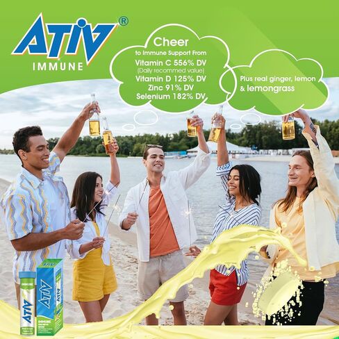 ATIV Immune, 20 Effervescent Tablets with Vitamins C, D, Magnesium, Zinc & Selenium, Ginger Lemongrass Flavor, by JBA in Saudi Arabia