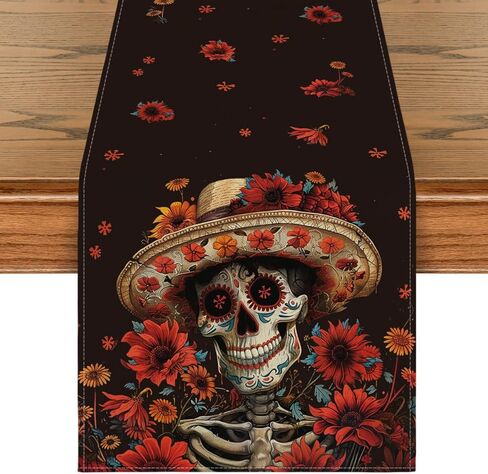 وضع Artoid الزهور قبعات سومبريرو السكر الجمجمة يوم الموتى الجدول عداء، ديا دي لوس Muertos المطبخ المكسيكي طاولة الطعام الديكور لديكور المنزل الطرف 13x72 بوصة in Saudi Arabia