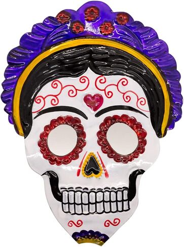 Handcrafted Tin Day of the Dead Skull from Mexico | Featuring Mirror Eyes and Vibrant Colors | Frida-Themed or Flower Design | Celebrate Loved Ones of El Día de los Muertos (Purple Frida Skull) in Saudi Arabia