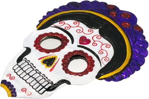 Handcrafted Tin Day of the Dead Skull from Mexico | Featuring Mirror Eyes and Vibrant Colors | Frida-Themed or Flower Design | Celebrate Loved Ones of El Día de los Muertos (Purple Frida Skull) in Saudi Arabia