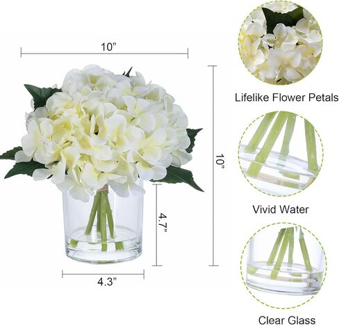 "N/A" GreenHouzz Artificial Flowers in Clear Glass Vase with Faux Water Silk Hydrangea Arrangement Centerpiece Decorations for Home Wedding Office Table (Cream) in Saudi Arabia