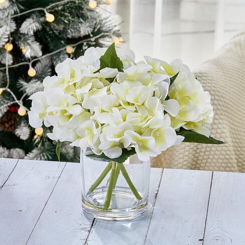 "N/A" GreenHouzz Artificial Flowers in Clear Glass Vase with Faux Water Silk Hydrangea Arrangement Centerpiece Decorations for Home Wedding Office Table (Cream) in Saudi Arabia