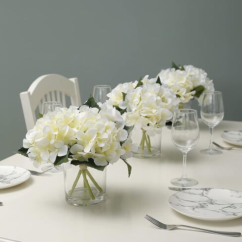 "N/A" GreenHouzz Artificial Flowers in Clear Glass Vase with Faux Water Silk Hydrangea Arrangement Centerpiece Decorations for Home Wedding Office Table (Cream) in Saudi Arabia