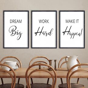 Motivational Positive Sign Wall Decor 11x16 Inch Office Set Of 3 Wood Framed Large Inspirational Quotes Living Room Home Wall Art Dream Big Work Hard Make it Happen women Hanging (Black)