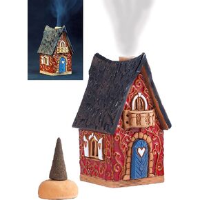 Ceramic Christmas Village Houses Collection - Handmade Collectible Miniature Red House - Cone Incense Holder R502