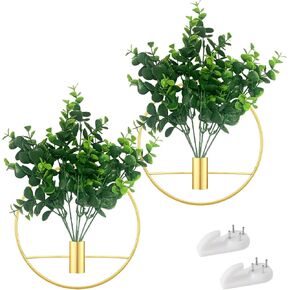 مجموعة من نباتين صناعيين مع حلقة تعليق دائرية معدنية ذهبية لديكور الحائط، ونباتات وهمية خضراء مثبتة على الحائط في حلقة معدنية لديكور المنزل الحديث، وديكور حائط لغرفة النوم، وغرفة المعيشة (ذهبي) in Kuwait
