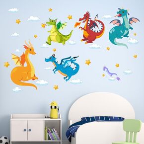 AnFigure Baby Dragon Wall Stickers Cute Stars Cloud Wall Decals Kids Room Boys Room Baby Room Nursery Playroom Bedroom Wall Decor
