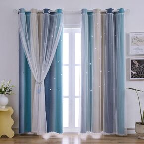 Ombre Rainbow Star Cutout Blackout Cutains for Girl and Kids Bedroom and Living Room with White Sheer Overlay Thermal Insulated for Home Decor 1 Panel (Pink Blue, 52W x 72L)