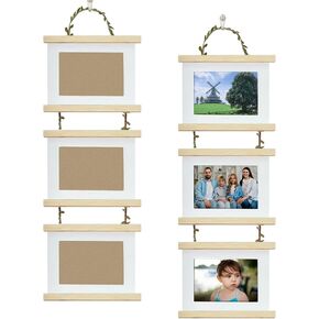 5x7 Collage Picture Frames with Wall Hooks, 3 Openings Vertical Hanging Collage Hanging Triple Wood Picture Frames Made to Display 5 by 7 inch Multi Picture Frames for Wall Decor Rustic Grain