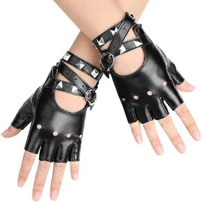 1 Pair of Red Half Finger Gloves PU Leather Gloves Gothic Punk Rivets Fingerless Gloves for Halloween Performance Costume Dress Up
