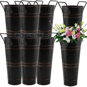 HOIGON 8 PCS Galvanized Metal Flower Vases, 9 Inch Rustic Farmhouse French Bucket with Handles,Metal Flower Holder for Weeding, Table, Home Decoration, Black