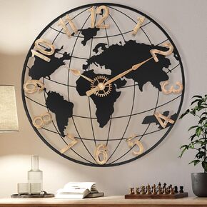 24 Inch Large Wall Clock for Living Room Decor,Big Farmhouse Modern Decorative Silent Metal World Map Wall Clock with Vintage Gold Arabic Numeral for Office,Living Room,Kitchen,Dining Room