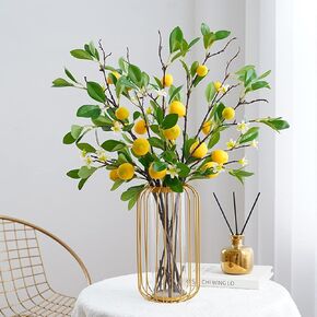 BFYDOAA 3pcs Artificial Lemon Branch 80cm Long Stem Yellow Lemons Picks with Green Leaves and Flowers, for Home Kitchen Farmhouse Table Centerpiece